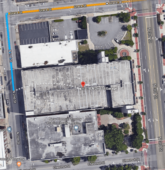 To park, turn off 3rd onto Grace toward 2nd St, then take a left on 2nd, and turn into the first entrance to the parking garage on the left.